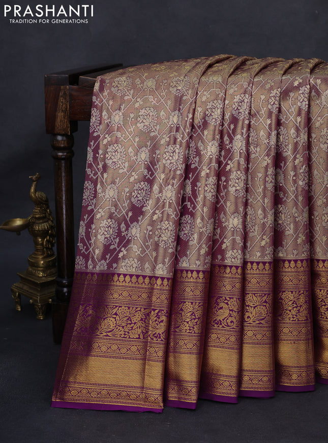 Kanchipuram tissue silk saree dual shade of golden purple and purple with allover zari woven brocade weaves and long rich zari woven border