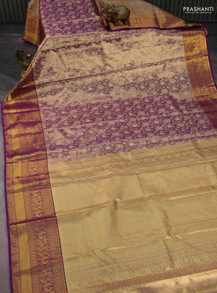 Kanchipuram tissue silk saree dual shade of golden purple and purple with allover zari woven brocade weaves and long rich zari woven border