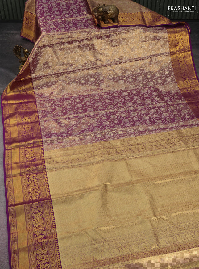 Kanchipuram tissue silk saree dual shade of golden purple and purple with allover zari woven brocade weaves and long rich zari woven border