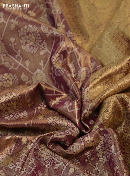 Kanchipuram tissue silk saree dual shade of golden purple and purple with allover zari woven brocade weaves and long rich zari woven border