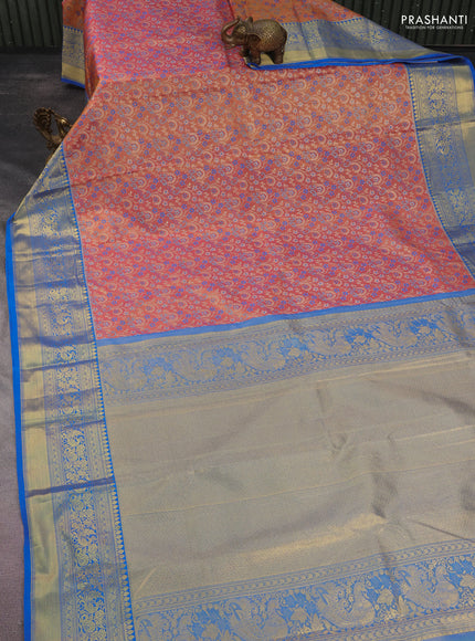 Kanchipuram tissue silk saree peach pink shade and cs blue with allover zari woven brocade weaves and long rich zari woven border