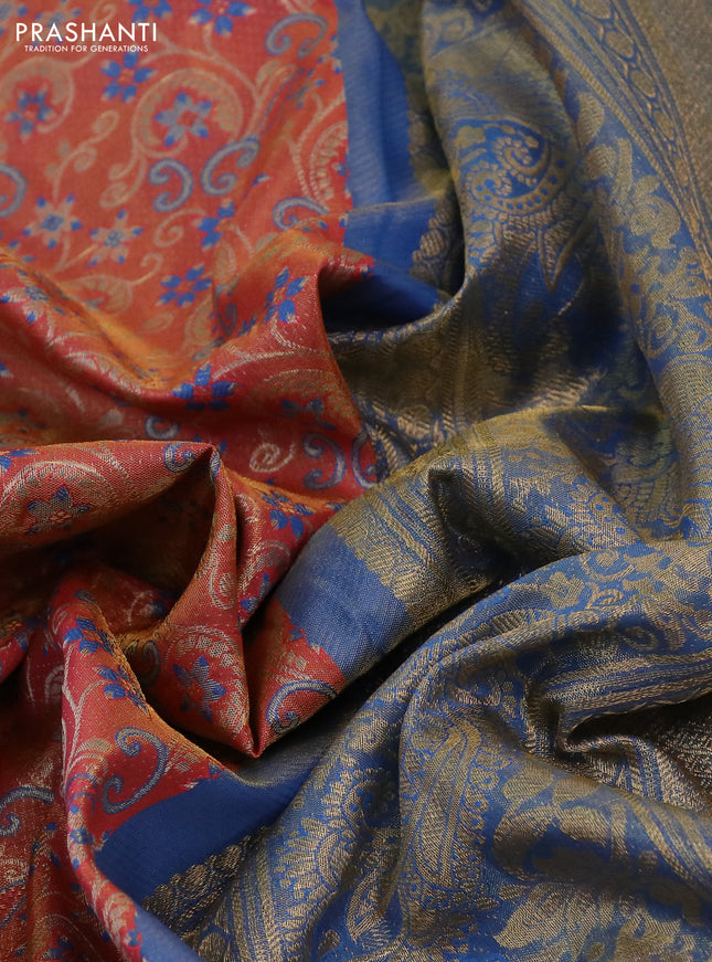 Kanchipuram tissue silk saree peach pink shade and cs blue with allover zari woven brocade weaves and long rich zari woven border