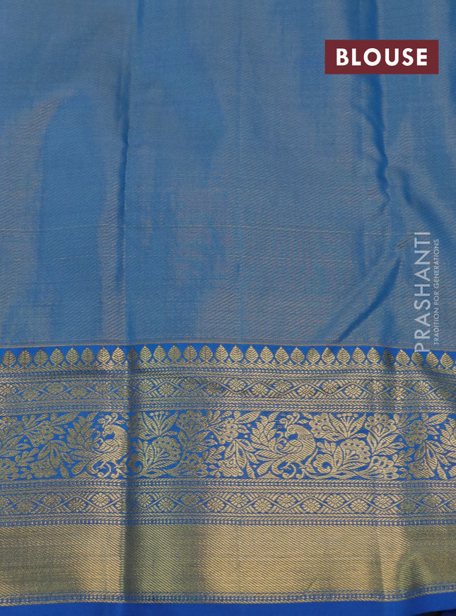 Kanchipuram tissue silk saree peach pink shade and cs blue with allover zari woven brocade weaves and long rich zari woven border