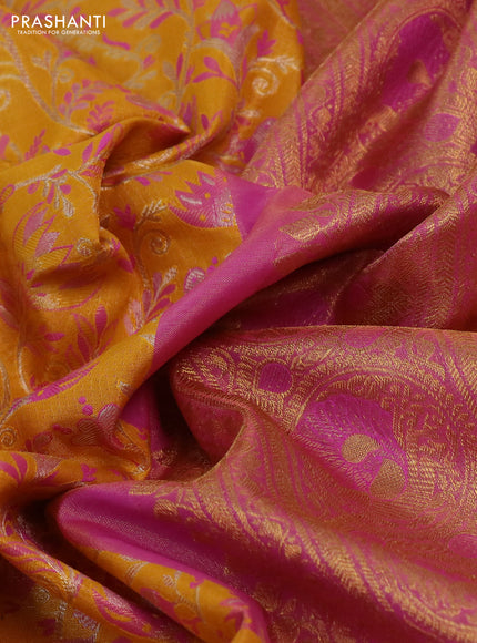 Kanchipuram tissue silk saree yellow and pink with allover zari woven brocade weaves and rich zari woven annam border