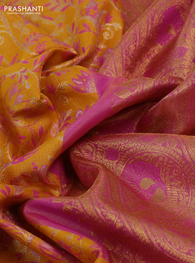 Kanchipuram tissue silk saree yellow and pink with allover zari woven brocade weaves and rich zari woven annam border