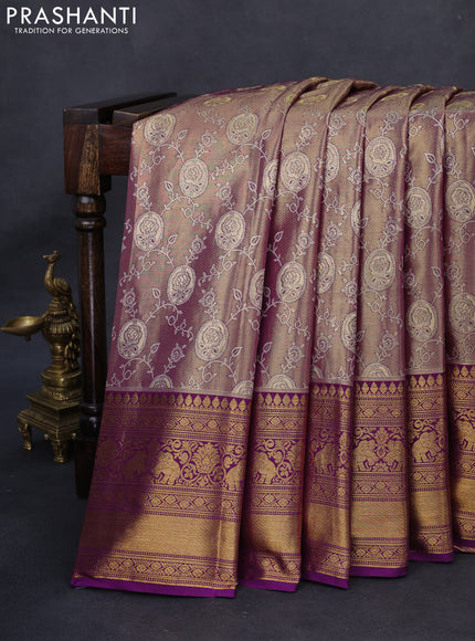 Kanchipuram tissue silk saree dual shade of purple with allover zari woven brocade weaves and long rich zari woven border