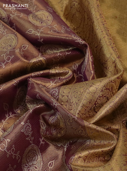 Kanchipuram tissue silk saree dual shade of purple with allover zari woven brocade weaves and long rich zari woven border