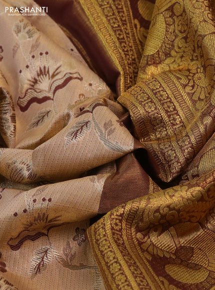 Kanchipuram tissue silk saree snadal and purple with allover zari woven floral brocade weaves and long rich zari woven border