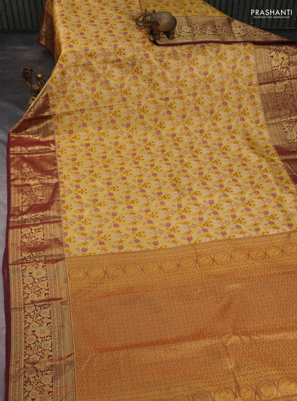 Kanchipuram tissue silk saree mustard yellow and maroon with allover zari woven brocade weaves and rich zari woven floral border