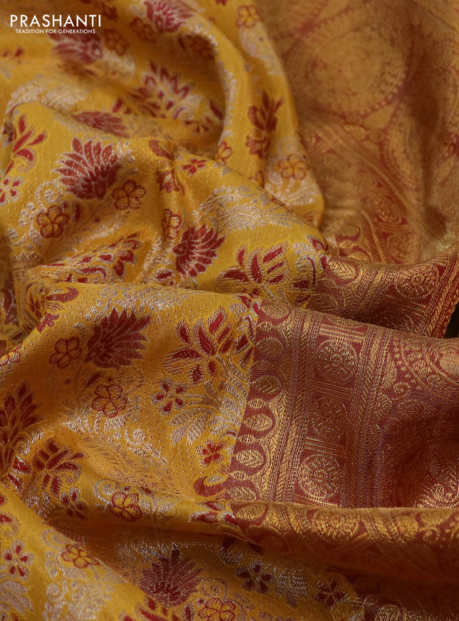 Kanchipuram tissue silk saree mustard yellow and maroon with allover zari woven brocade weaves and rich zari woven floral border