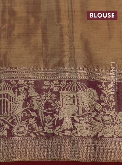 Kanchipuram tissue silk saree gold and maroon with allover zari woven brocade weaves and long rich zari woven border