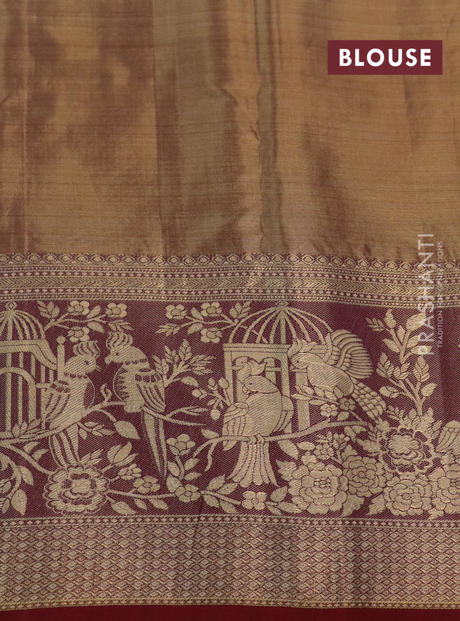 Kanchipuram tissue silk saree gold and maroon with allover zari woven brocade weaves and long rich zari woven border