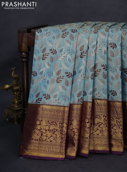Kanchipuram tissue silk saree pastel blue and wine shade with allover zari woven leaf brocade weaves and long rich zari woven border