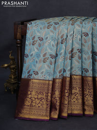 Kanchipuram tissue silk saree pastel blue and wine shade with allover zari woven leaf brocade weaves and long rich zari woven border