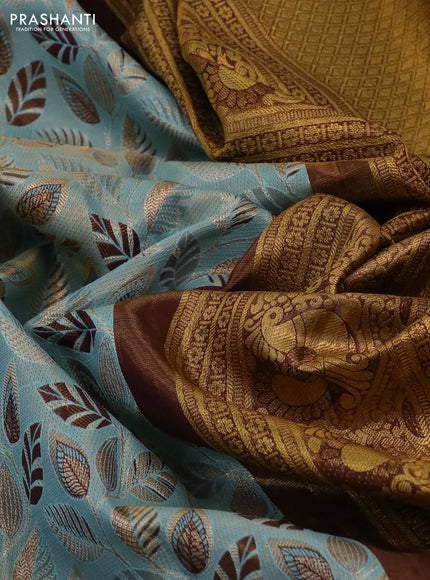 Kanchipuram tissue silk saree pastel blue and wine shade with allover zari woven leaf brocade weaves and long rich zari woven border