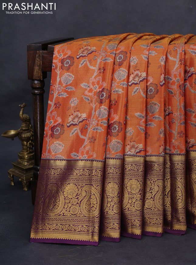 Kanchipuram tissue silk saree orange and purple with allover zari woven floral brocade weaves and long rich zari woven border