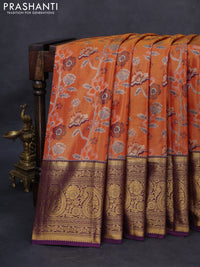 Kanchipuram tissue silk saree orange and purple with allover zari woven floral brocade weaves and long rich zari woven border