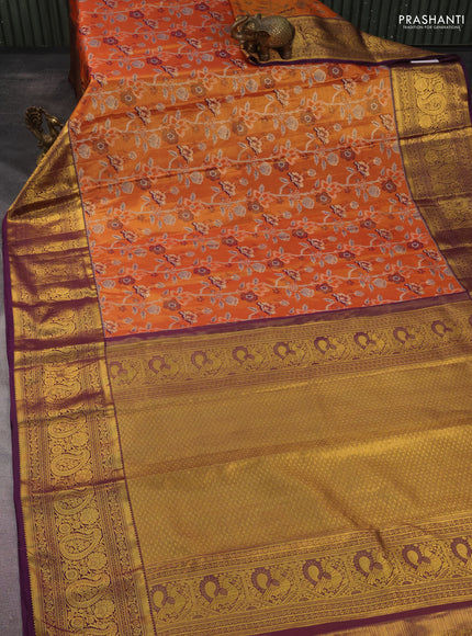 Kanchipuram tissue silk saree orange and purple with allover zari woven floral brocade weaves and long rich zari woven border