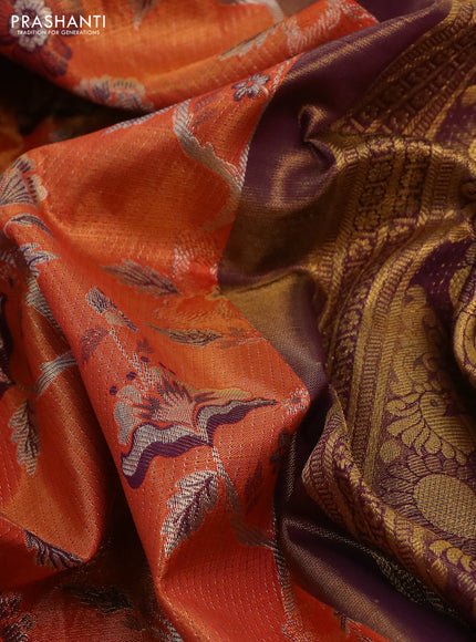 Kanchipuram tissue silk saree orange and purple with allover zari woven floral brocade weaves and long rich zari woven border