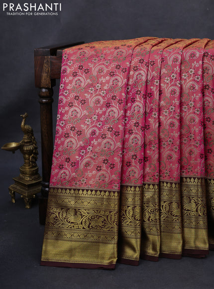 Kanchipuram tissue silk saree dual shade of pink and coffee brown with allover zari woven brocade weaves and rich zari woven border