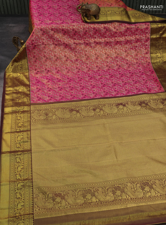 Kanchipuram tissue silk saree dual shade of pink and coffee brown with allover zari woven brocade weaves and rich zari woven border
