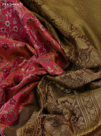Kanchipuram tissue silk saree dual shade of pink and coffee brown with allover zari woven brocade weaves and rich zari woven border