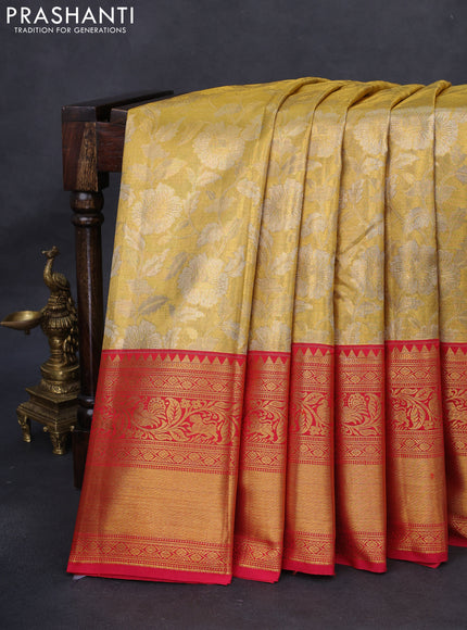Kanchipuram tissue silk saree gold and red with allover zari woven floral brocade weaves and long rich zari woven border