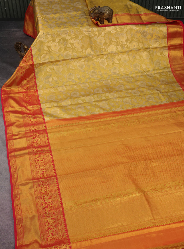 Kanchipuram tissue silk saree gold and red with allover zari woven floral brocade weaves and long rich zari woven border