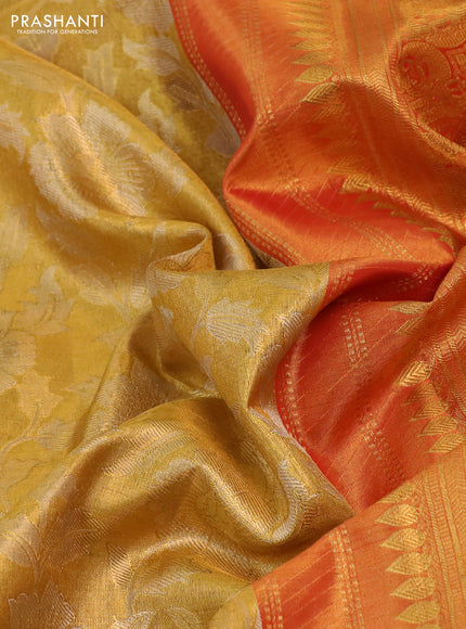Kanchipuram tissue silk saree gold and red with allover zari woven floral brocade weaves and long rich zari woven border
