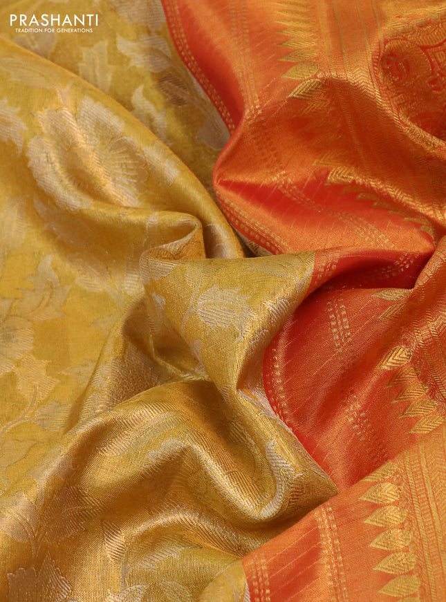 Kanchipuram tissue silk saree gold and red with allover zari woven floral brocade weaves and long rich zari woven border