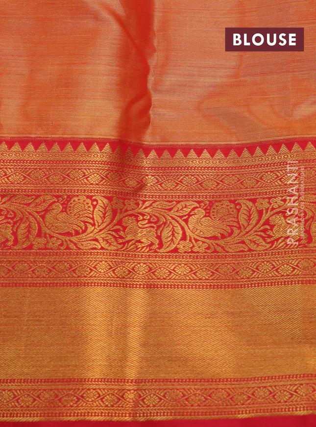 Kanchipuram tissue silk saree gold and red with allover zari woven floral brocade weaves and long rich zari woven border