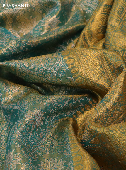 Kanchipuram tissue silk saree dual shade of teal green with allover zari woven brocade weaves and long rich zari woven border