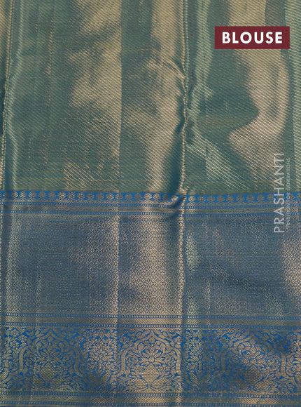Kanchipuram tissue silk saree gold and cs blue with allover zari woven brocade weaves and long rich zari woven border