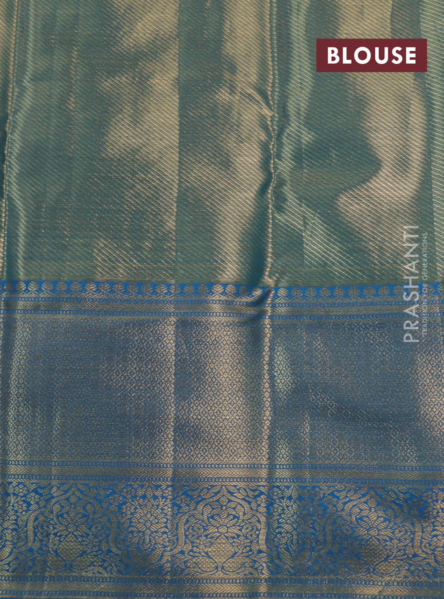 Kanchipuram tissue silk saree gold and cs blue with allover zari woven brocade weaves and long rich zari woven border