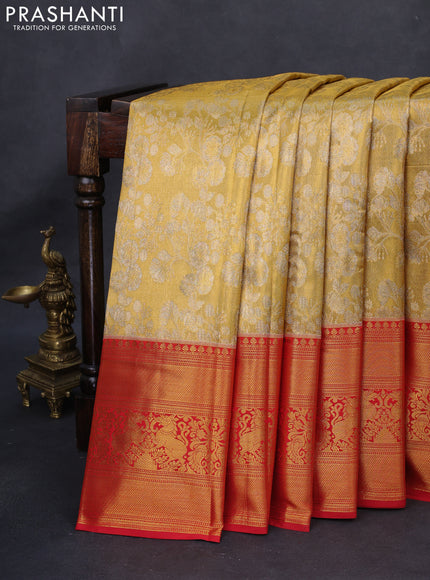 Kanchipuram tissue silk saree gold and red with allover zari woven brocade weaves and long rich zari woven border