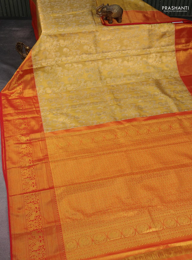 Kanchipuram tissue silk saree gold and red with allover zari woven brocade weaves and long rich zari woven border
