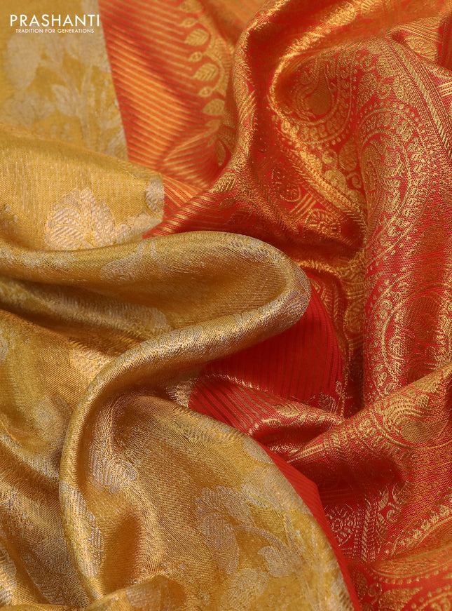 Kanchipuram tissue silk saree gold and red with allover zari woven brocade weaves and long rich zari woven border