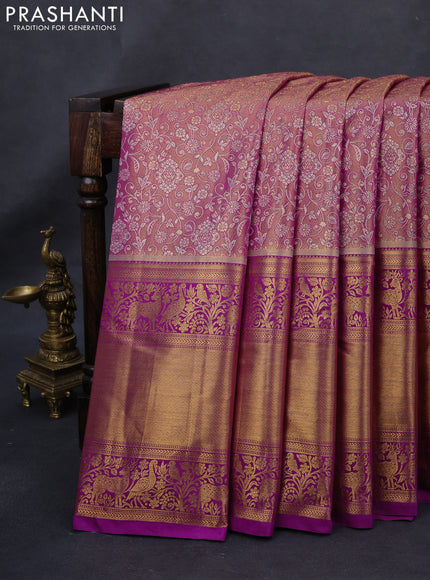 Kanchipuram tissue silk saree dual shade of purple and purple with allover zari woven brocade weaves and long rich zari woven border