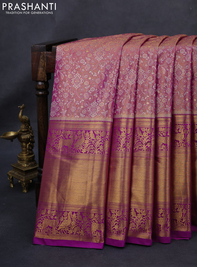 Kanchipuram tissue silk saree dual shade of purple and purple with allover zari woven brocade weaves and long rich zari woven border