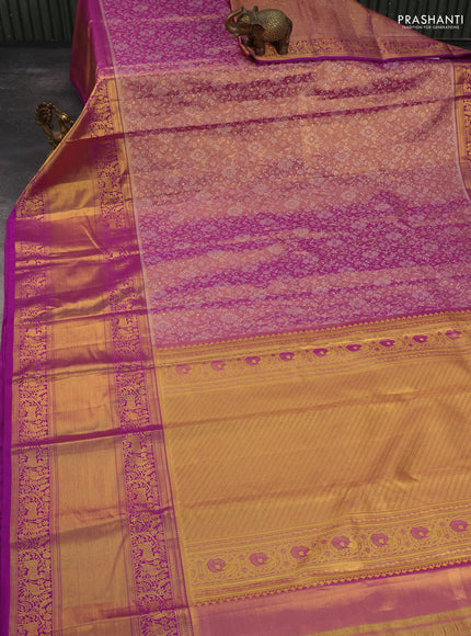 Kanchipuram tissue silk saree dual shade of purple and purple with allover zari woven brocade weaves and long rich zari woven border