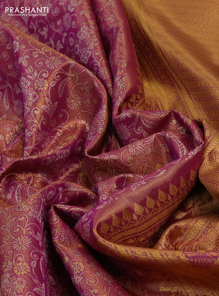 Kanchipuram tissue silk saree dual shade of purple and purple with allover zari woven brocade weaves and long rich zari woven border