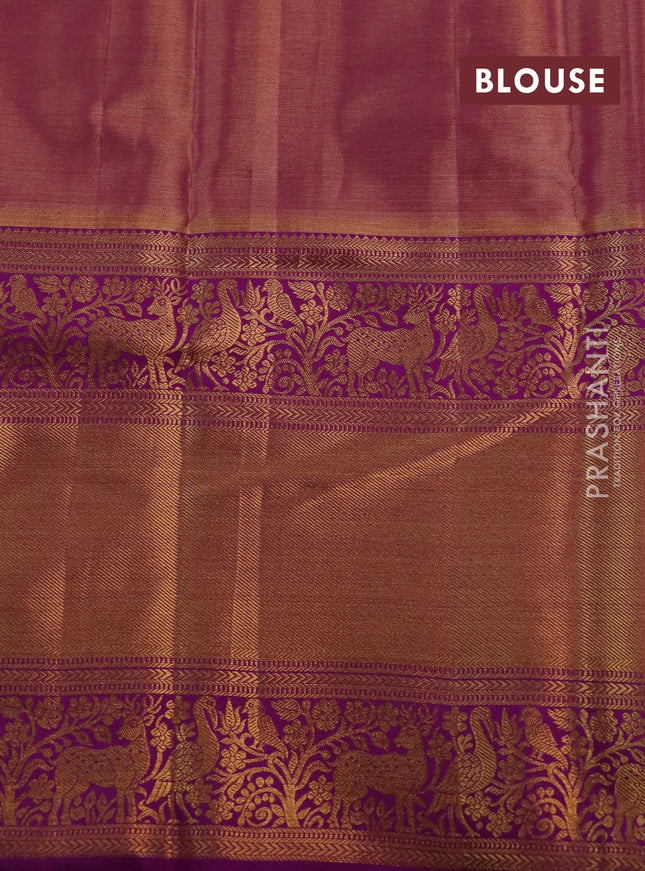 Kanchipuram tissue silk saree dual shade of purple and purple with allover zari woven brocade weaves and long rich zari woven border
