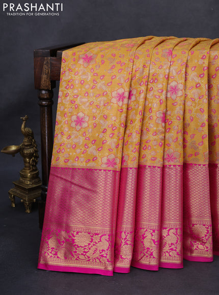 Kanchipuram tissue silk saree yellow and pink with allover zari woven brocade weaves and long rich zari woven border