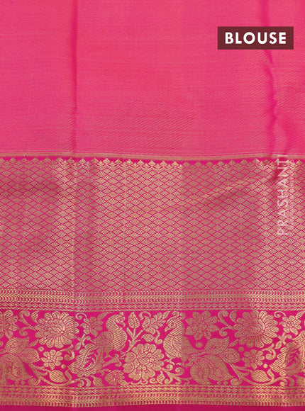Kanchipuram tissue silk saree yellow and pink with allover zari woven brocade weaves and long rich zari woven border