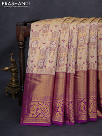 Kanchipuram tissue silk saree gold and purple with allover zari woven brocade weaves and long rich zari woven border