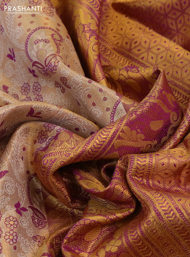 Kanchipuram tissue silk saree gold and purple with allover zari woven brocade weaves and long rich zari woven border