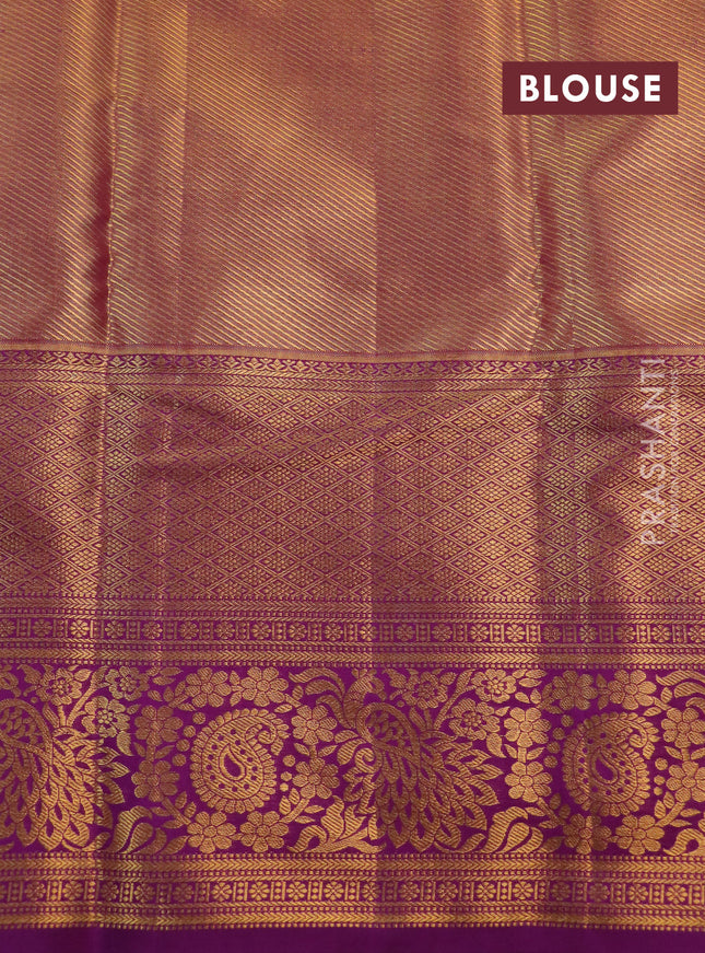Kanchipuram tissue silk saree gold and purple with allover zari woven brocade weaves and long rich zari woven border