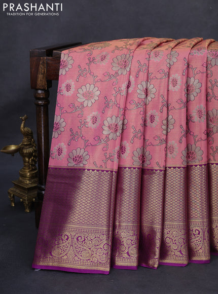 Kanchipuram tissue silk saree peach pink and purple with allover zari woven brocade floral weaves and long rich zari woven border