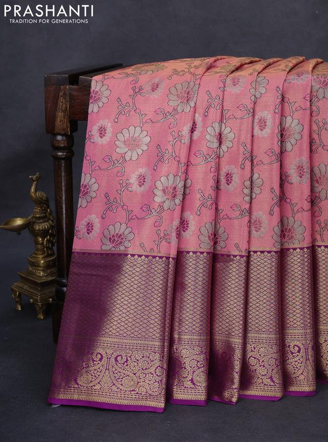 Kanchipuram tissue silk saree peach pink and purple with allover zari woven brocade floral weaves and long rich zari woven border