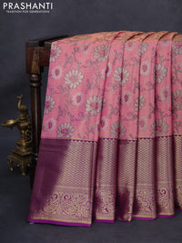 Kanchipuram tissue silk saree peach pink and purple with allover zari woven brocade floral weaves and long rich zari woven border